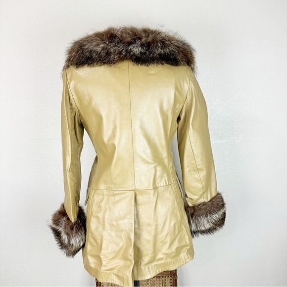 1970s Vntg Leather Double Breasted Raccoon Fur Trim Penny Lane Coat Jacket Mob - Picture 6 of 10